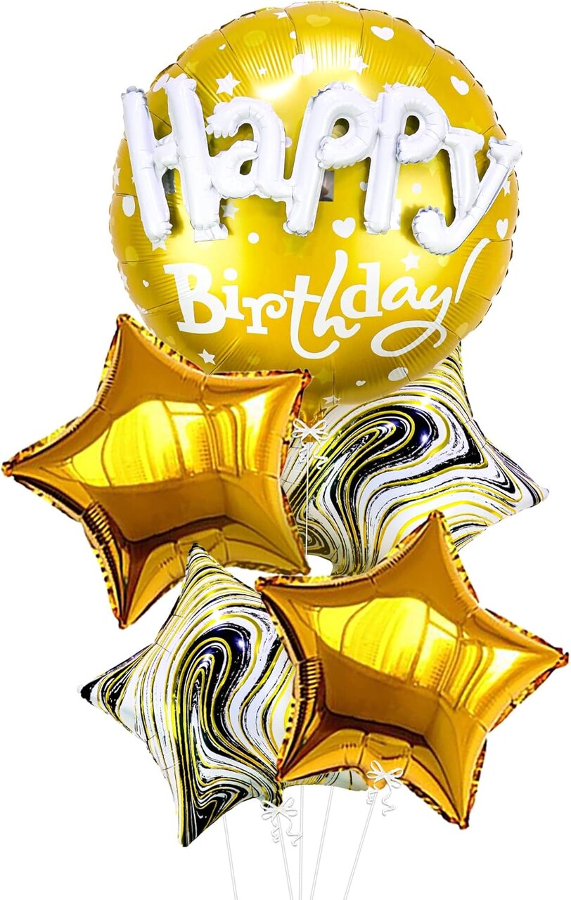 Gold Happy Birthday Balloon Set - 23 Inch, Big, Pack of 5 | Happy Birthday Mylar Balloons, Golden Birthday Balloons | Gold Star Balloons, Gold Foil Balloons | Black And Gold Party Decorations